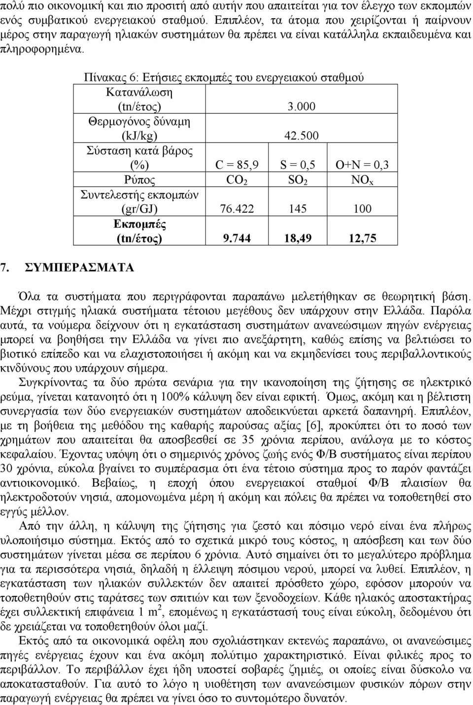 ΣΥΜΠΕΡΑΣΜΑΤΑ Πίνακας 6: Ετήσιες εκποµπές του ενεργειακού σταθµού Κατανάλωση (tn/έτος) 3.000 Θερµογόνος δύναµη (kj/kg) 42.