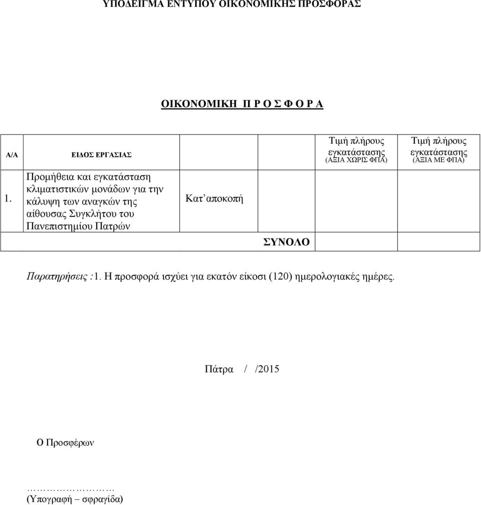 Προμήθεια και εγκατάσταση κλιματιστικών μονάδων για την κάλυψη των αναγκών της αίθουσας Συγκλήτου του
