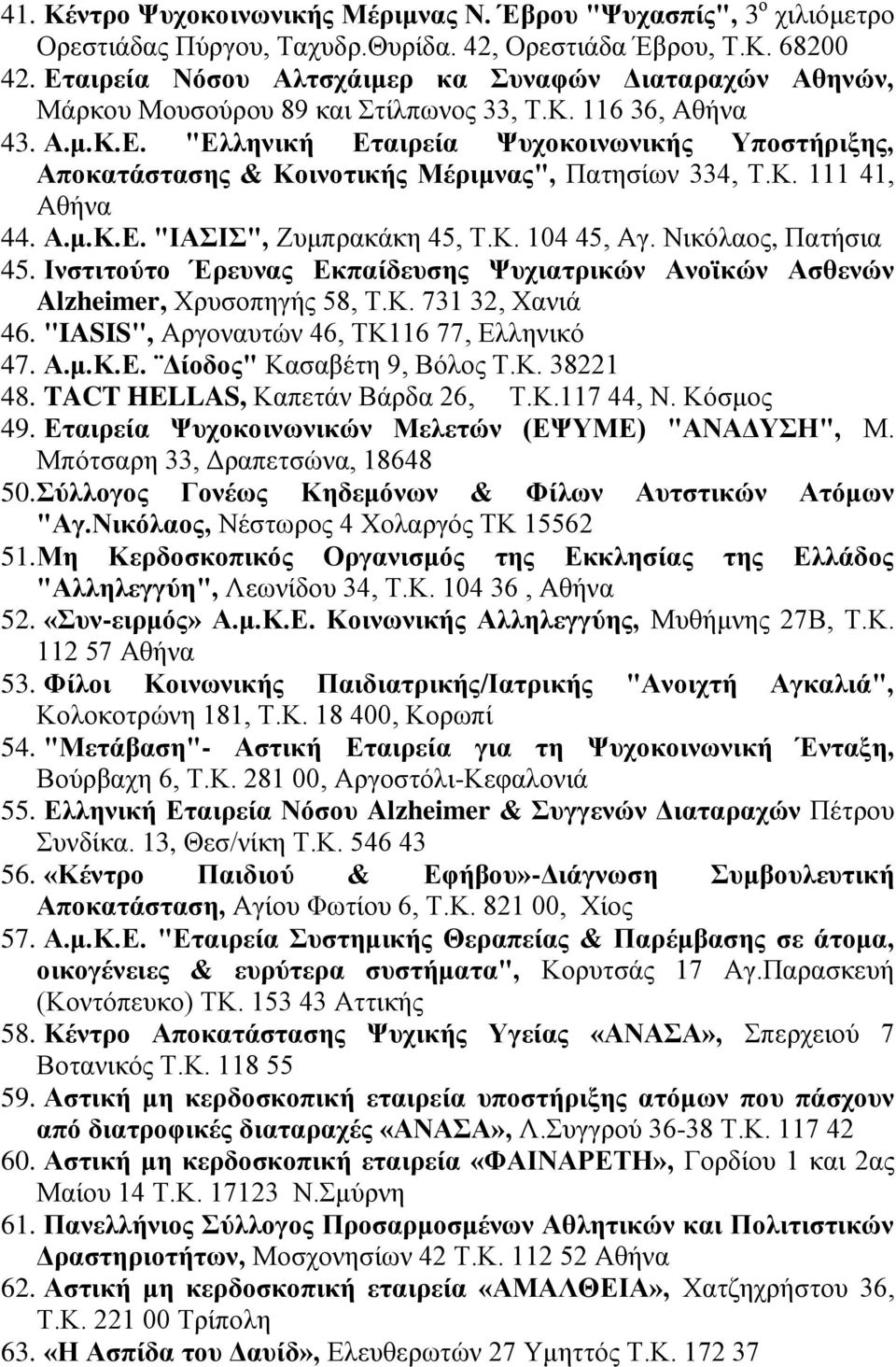 Κ. 111 41, Αζήλα 44. Α.μ.Κ.Δ. "ΗΑΗ", Επκπξαθάθε 45, Σ.Κ. 104 45, Αγ. Νηθόιανο, Παηήζηα 45. Ηνζηιηούηο Έπεςναρ Δκπαίδεςζηρ Φςσιαηπικών Ανοφκών Αζθενών Alzheimer, Υξπζνπεγήο 58, Σ.Κ. 731 32, Υαληά 46.