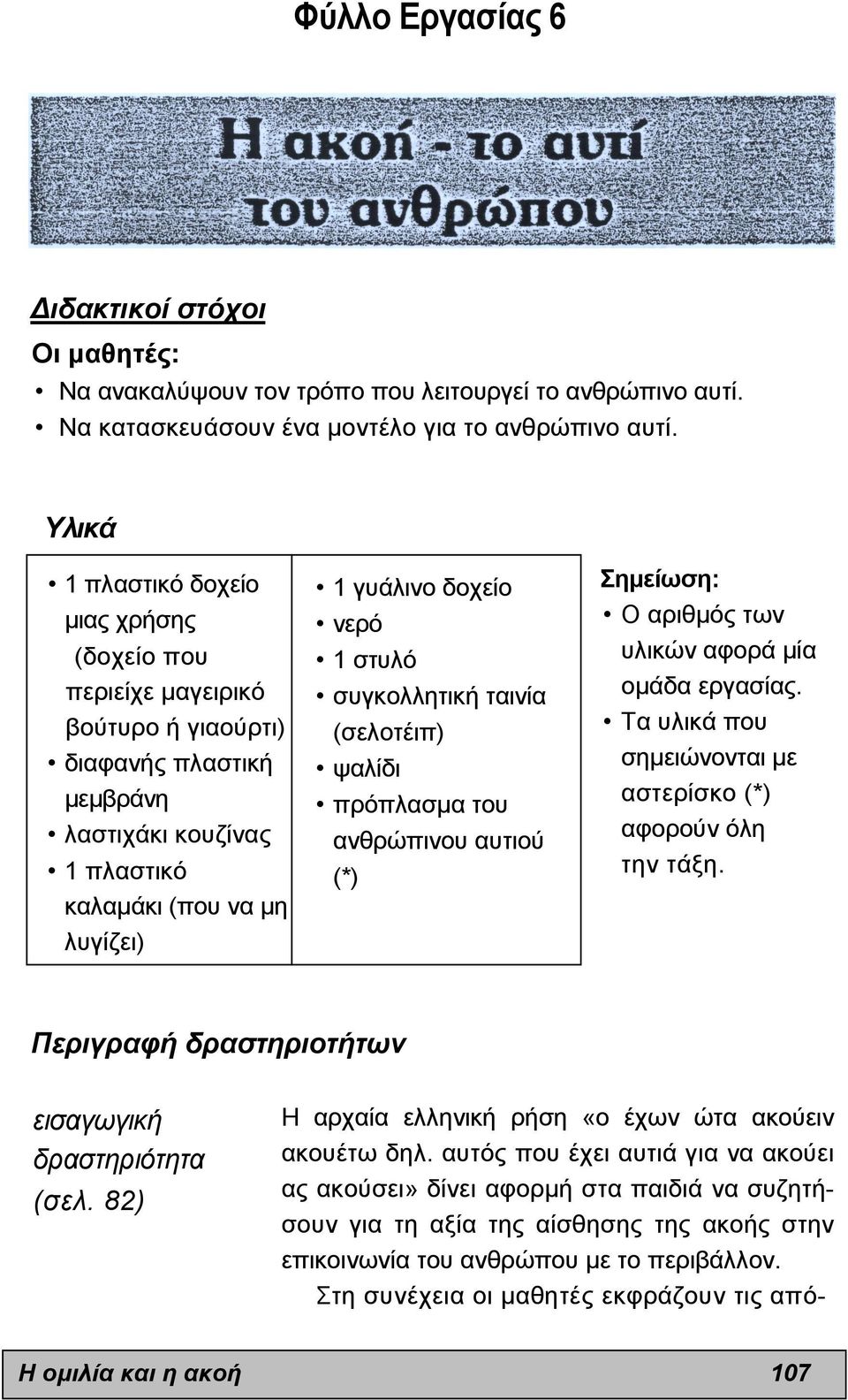 στυλό συγκολλητική ταινία (σελοτέιπ) ψαλίδι πρόπλασµα του ανθρώπινου αυτιού (*) Σηµείωση: Ο αριθµός των υλικών αφορά µία οµάδα εργασίας.