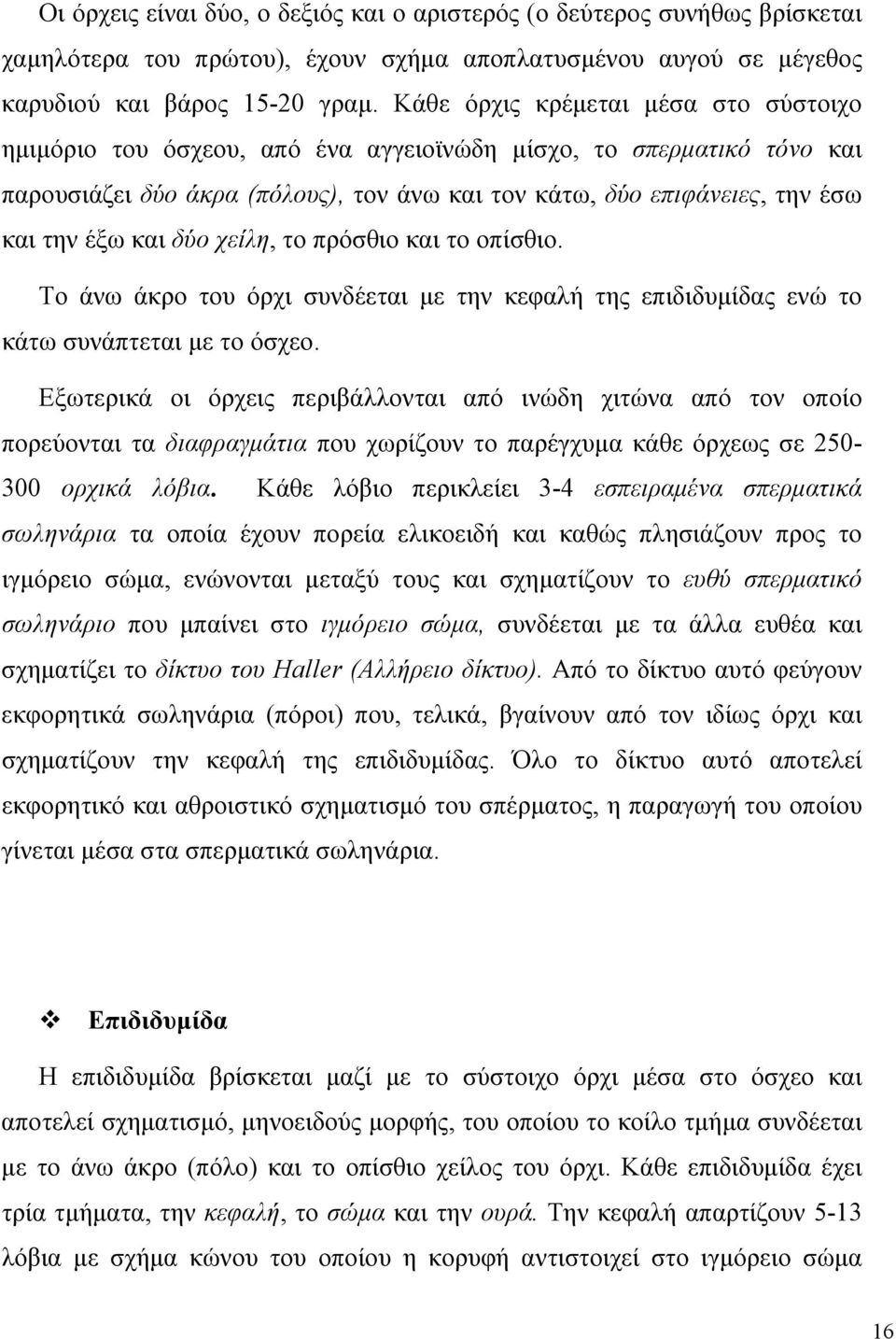 και δύο χείλη, το πρόσθιο και το οπίσθιο. Το άνω άκρο του όρχι συνδέεται µε την κεφαλή της επιδιδυµίδας ενώ το κάτω συνάπτεται µε το όσχεο.