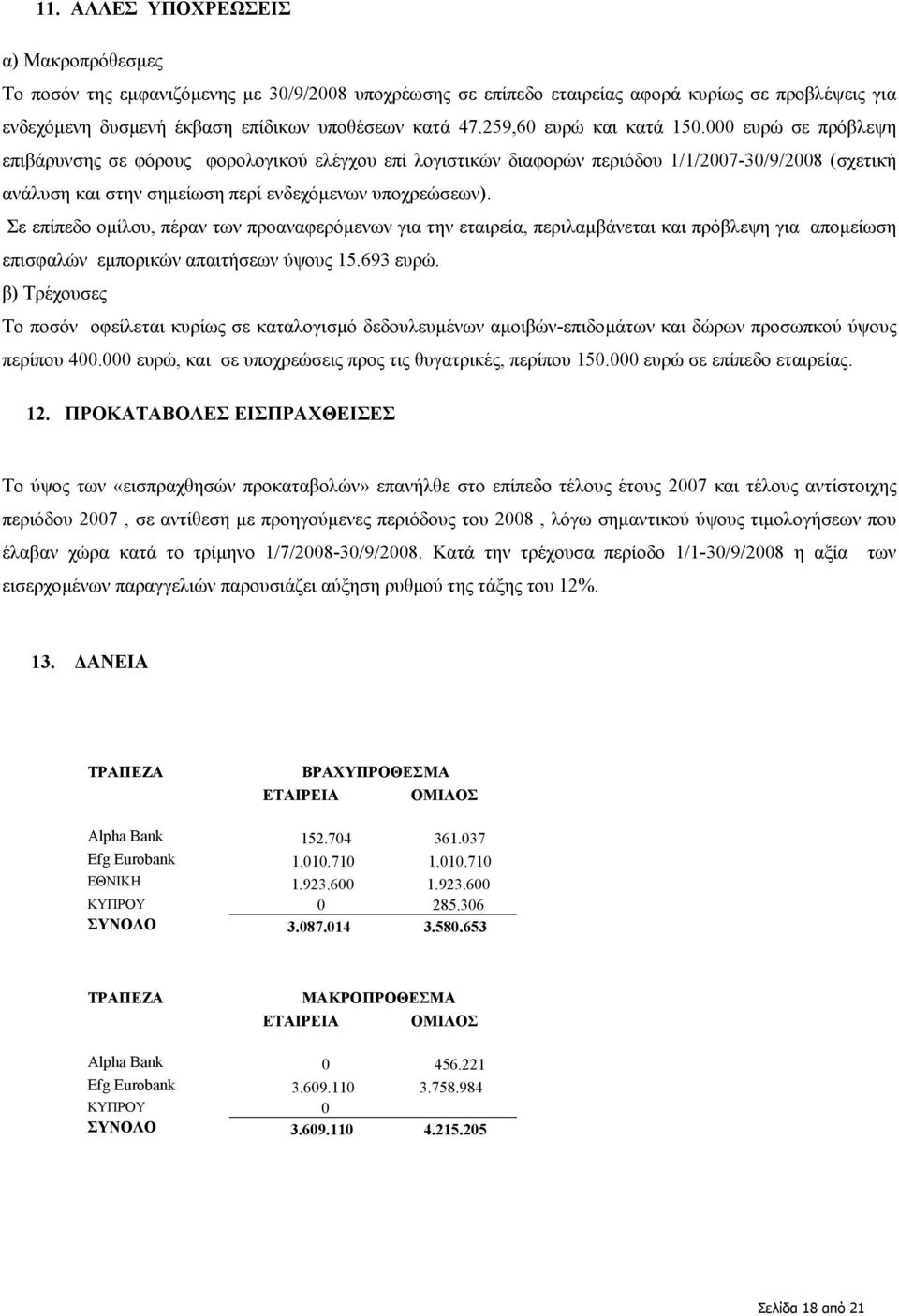 000 ευρώ σε πρόβλεψη επιβάρυνσης σε φόρους φορολογικού ελέγχου επί λογιστικών διαφορών περιόδου 1/1/2007-30/9/2008 (σχετική ανάλυση και στην σηµείωση περί ενδεχόµενων υποχρεώσεων).