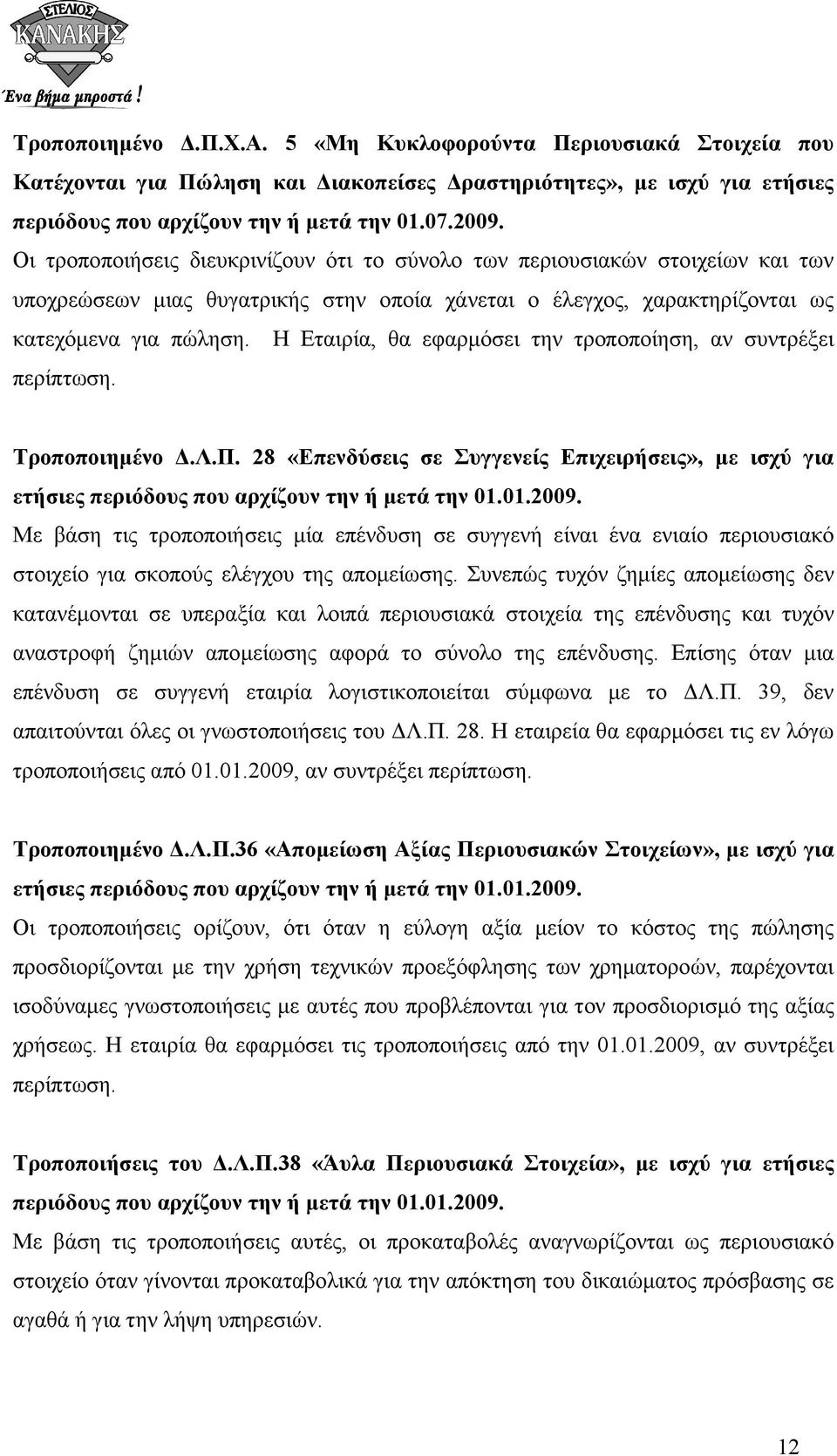 Η Εταιρία, θα εφαρµόσει την τροποποίηση, αν συντρέξει περίπτωση. Τροποποιηµένο.Λ.Π. 28 «Επενδύσεις σε Συγγενείς Επιχειρήσεις», µε ισχύ για ετήσιες περιόδους που αρχίζουν την ή µετά την 01.01.2009.