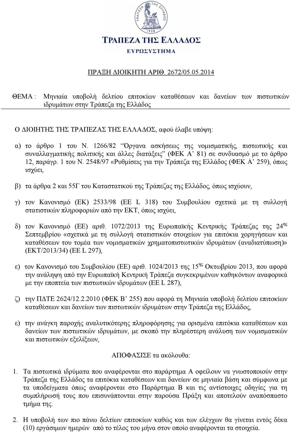 1266/82 Όργανα ασκήσεως της νομισματικής, πιστωτικής και συναλλαγματικής πολιτικής και άλλες διατάξεις (ΦΕΚ Α 81) σε συνδυασμό με το άρθρο 12, παράγρ. 1 του Ν.