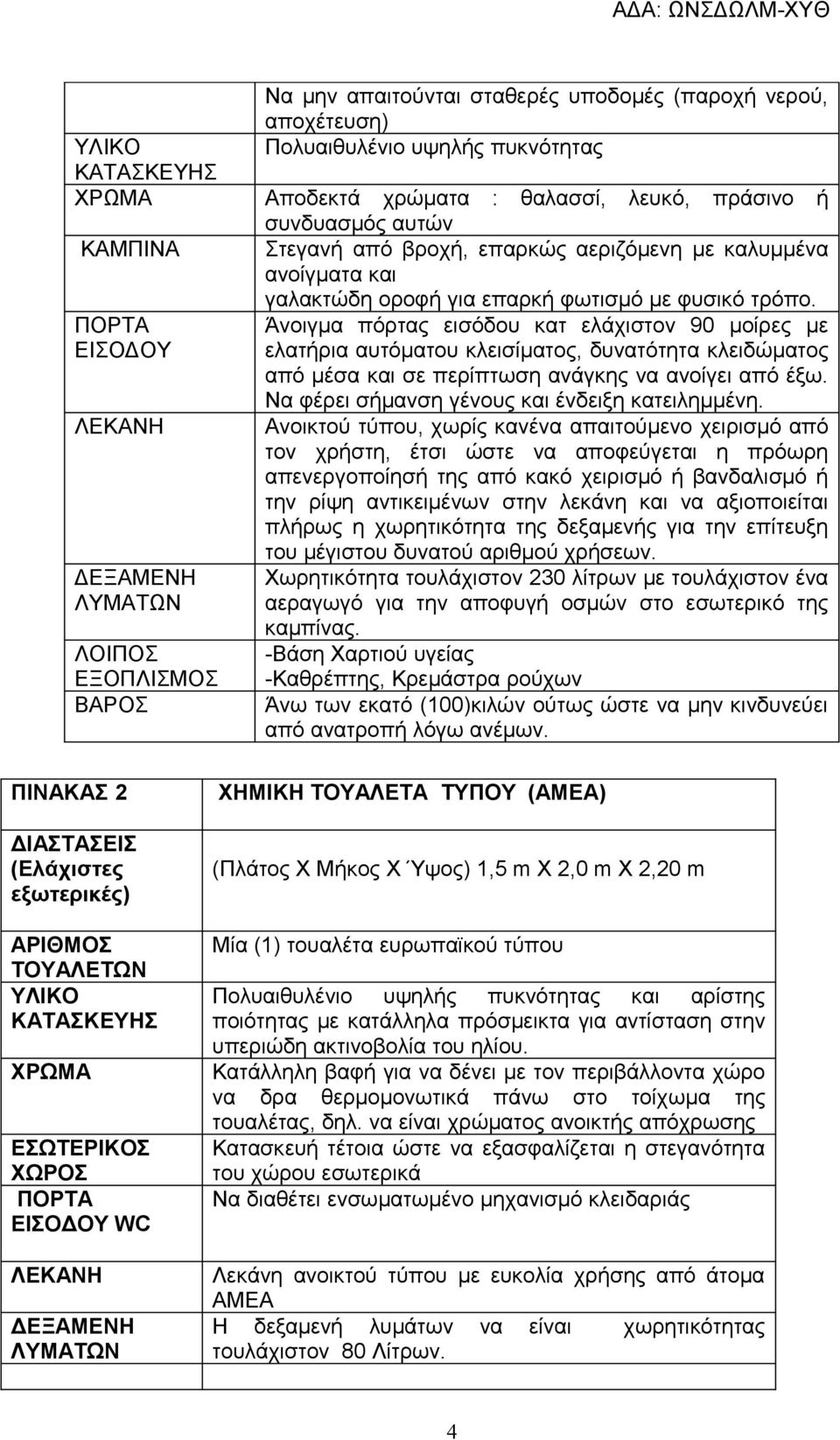 Άνοιγμα πόρτας εισόδου κατ ελάχιστον 90 μοίρες με ελατήρια αυτόματου κλεισίματος, δυνατότητα κλειδώματος από μέσα και σε περίπτωση ανάγκης να ανοίγει από έξω.