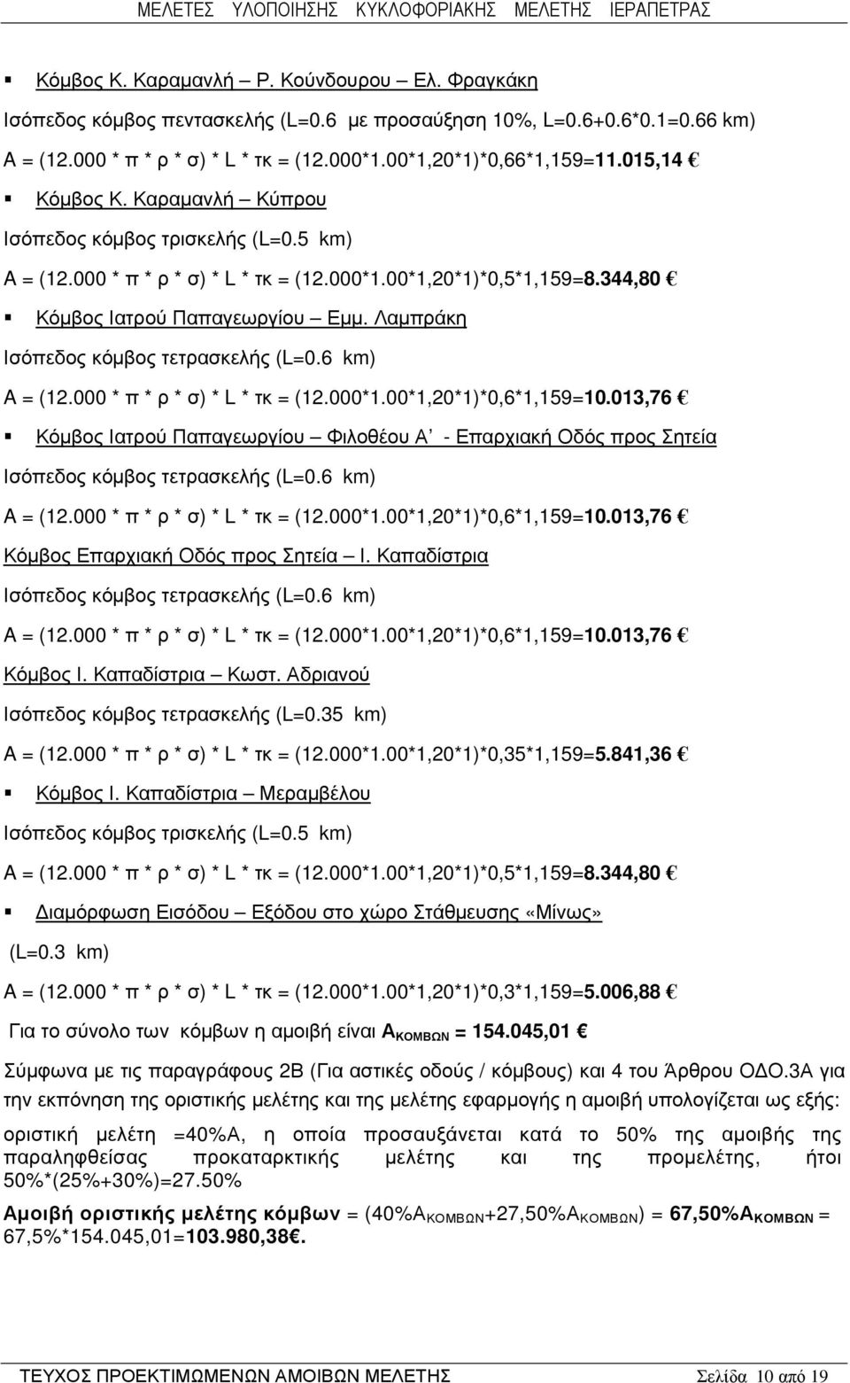 344,80 Κόµβος Ιατρού Παπαγεωργίου Εµµ. Λαµπράκη A = (12.000 * π * ρ * σ) * L * τκ = (12.000*00*1,20*1)*0,6*1,159=10.013,76 Κόµβος Ιατρού Παπαγεωργίου Φιλοθέου Α - Επαρχιακή Οδός προς Σητεία A = (12.
