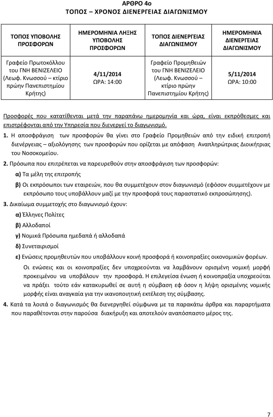 Κνωσσού κτίριο πρώην Πανεπιστημίου Κρήτης) 5/11/2014 ΩΡΑ: 10:00 Προσφορές που κατατίθενται μετά την παραπάνω ημερομηνία και ώρα, είναι εκπρόθεσμες και επιστρέφονται από την Υπηρεσία που διενεργεί το