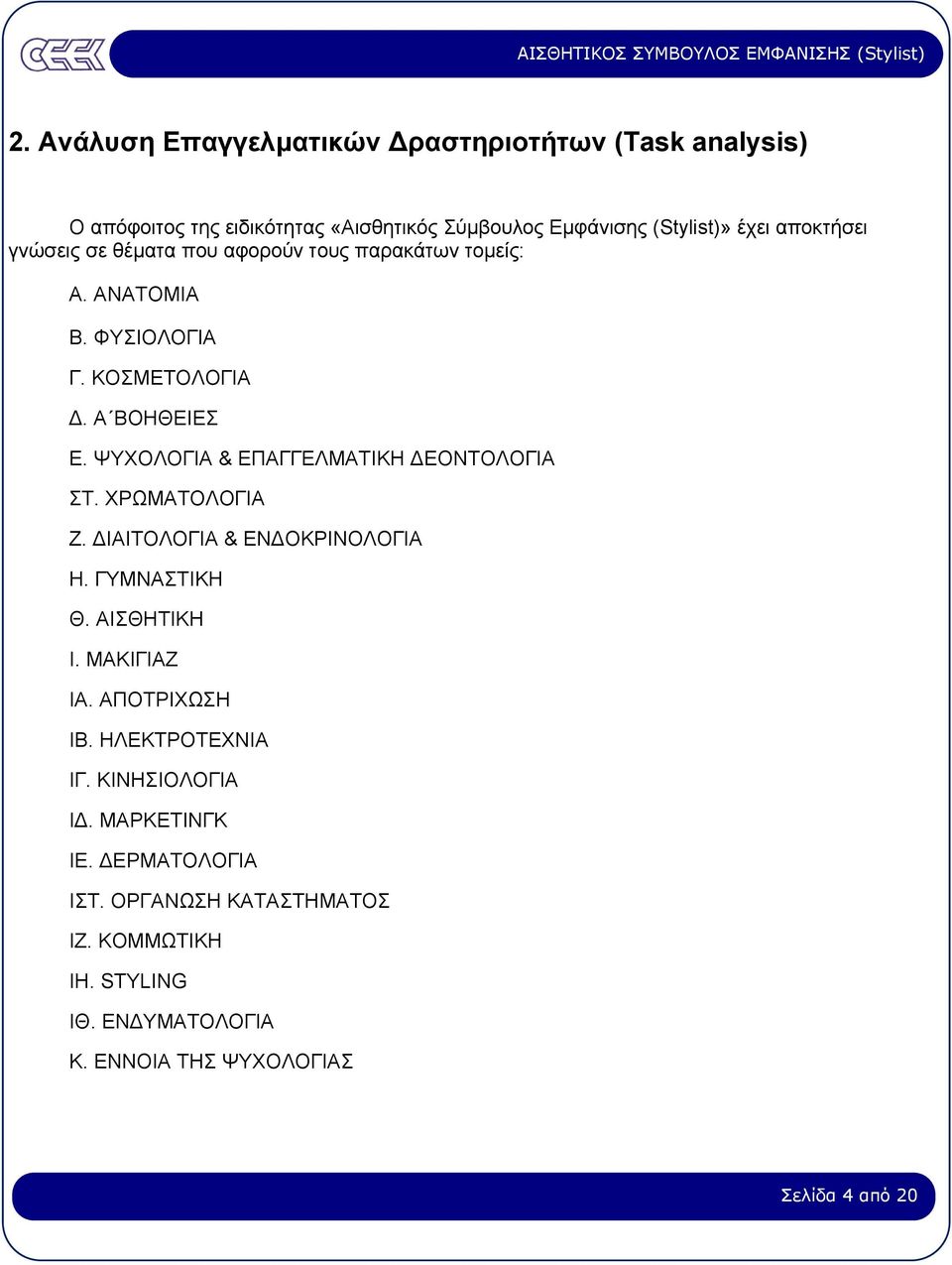 ΨΥΧΟΛΟΓΙΑ & ΕΠΑΓΓΕΛΜΑΤΙΚΗ ΕΟΝΤΟΛΟΓΙΑ ΣΤ. ΧΡΩΜΑΤΟΛΟΓΙΑ Ζ. ΙΑΙΤΟΛΟΓΙΑ & ΕΝ ΟΚΡΙΝΟΛΟΓΙΑ Η. ΓΥΜΝΑΣΤΙΚΗ Θ. ΑΙΣΘΗΤΙΚΗ Ι. ΜΑΚΙΓΙΑΖ ΙΑ. ΑΠΟΤΡΙΧΩΣΗ ΙΒ.