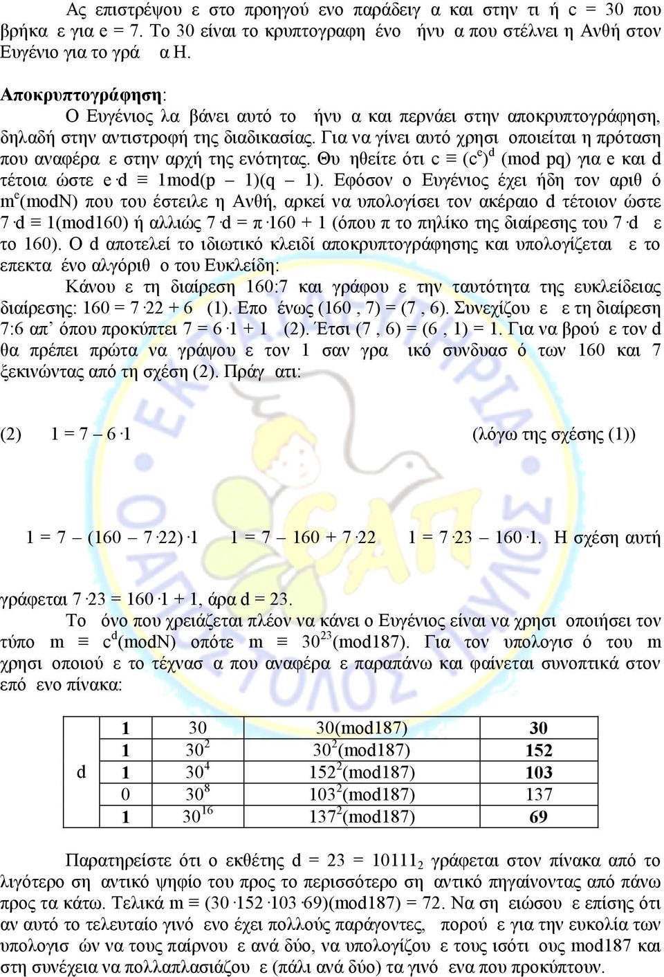 Για να γίνει αυτό χρησιμοποιείται η πρόταση που αναφέραμε στην αρχή της ενότητας. Θυμηθείτε ότι c (c e ) d (mod pq) για e και d τέτοια ώστε e d 1mod(p 1)(q 1).