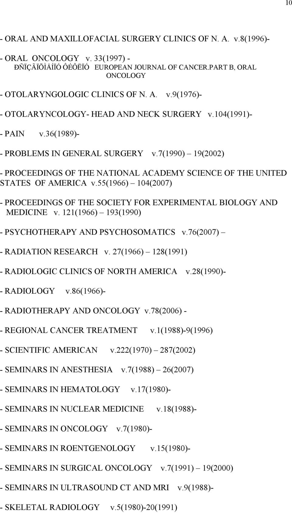 55(1966) 104(2007) - PROCEEDINGS OF THE SOCIETY FOR EXPERIMENTAL BIOLOGY AND MEDICINE v. 121(1966) 193(1990) - PSYCHOTHERAPY AND PSYCHOSOMATICS v.76(2007) - RADIATION RESEARCH v.