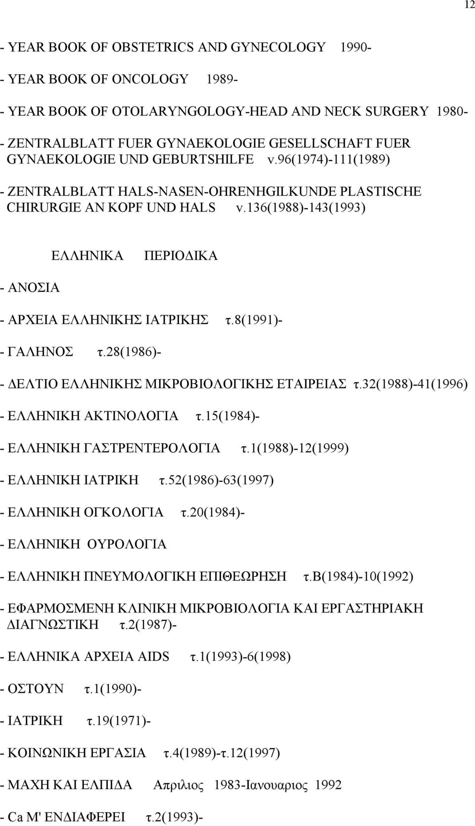 136(1988)-143(1993) ΕΛΛΗΝΙΚΑ ΠΕΡΙΟΔΙΚΑ - ANOΣΙΑ - ΑΡΧΕΙΑ ΕΛΛΗΝΙΚΗΣ ΙΑΤΡΙΚΗΣ τ.8(1991)- - ΓΑΛΗΝΟΣ τ.28(1986)- - ΔΕΛΤΙΟ ΕΛΛΗΝΙΚΗΣ ΜΙΚΡΟΒΙΟΛΟΓΙΚΗΣ ΕΤΑΙΡΕΙΑΣ τ.32(1988)-41(1996) - ΕΛΛΗΝΙΚΗ ΑΚΤΙΝΟΛΟΓΙΑ τ.