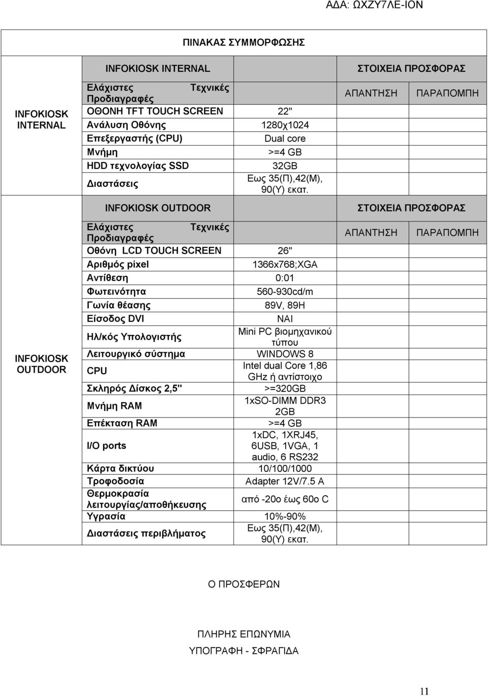 ΑΠΑΝΤΗΣΗ ΠΑΡΑΠΟΜΠΗ INFOKIOSK OUTDOOR ΣΤΟΙΧΕΙΑ ΠΡΟΣΦΟΡΑΣ INFOKIOSK OUTDOOR Ελάχιστες Τεχνικές Προδιαγραφές Οθόνη LCD TOUCH SCREEN 26'' Αριθμός pixel 1366x768;XGA Αντίθεση 0:01 Φωτεινότητα 560-930cd/m