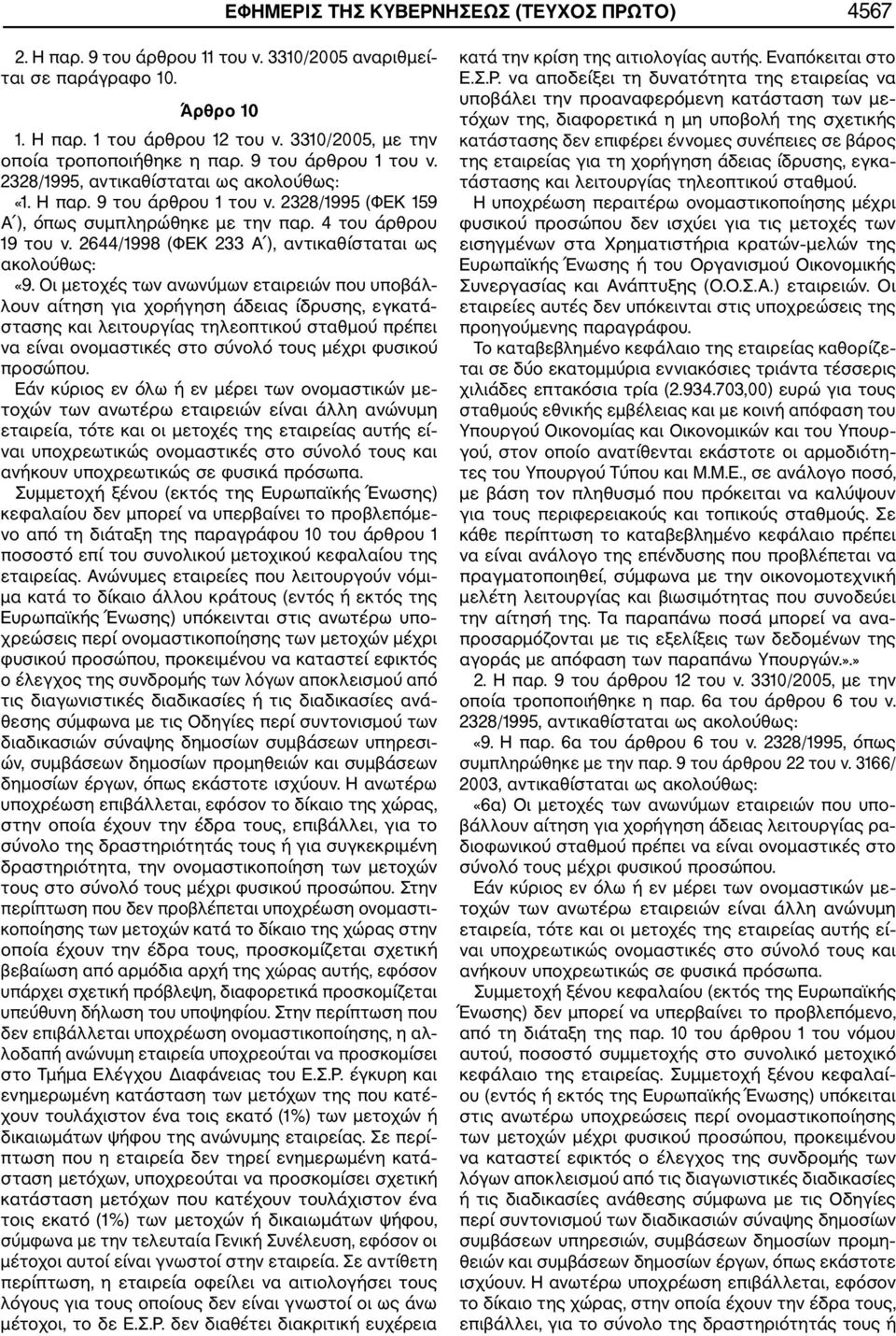 2644/1998 (ΦΕΚ 233 Α ), αντικαθίσταται ως ακολούθως: «9.