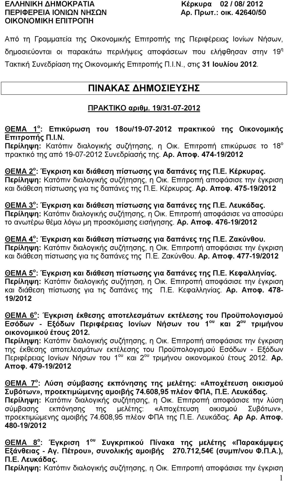 Οικονομικής Επιτροπής Π.Ι.Ν., στις 31 Ιουλίου 2012. ΠΙΝΑΚΑΣ ΔΗΜΟΣΙΕΥΣΗΣ ΠΡΑΚΤΙΚΟ αριθμ. 19/31-07-2012 ΘΕΜΑ 1 ο : Επικύρωση του 18ου/19-07-2012 πρακτικού της Οικονομικής Επιτροπής Π.Ι.Ν. Περίληψη: Κατόπιν διαλογικής συζήτησης, η Οικ.