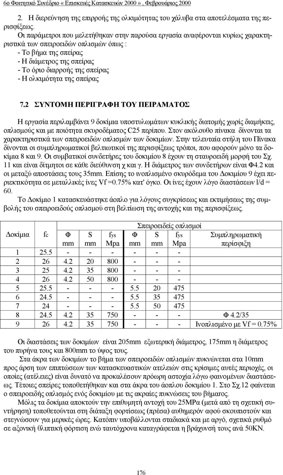 ολκιμότητα της σπείρας 7.2 ΣΥΝΤΟΜΗ ΠΕΡΙΓΡΑΦΗ ΤΟΥ ΠΕΙΡΑΜΑΤΟΣ Η εργασία περιλαμβάνει 9 δοκίμια υποστυλωμάτων κυκλικής διατομής χωρίς διαμήκεις, οπλισμούς και με ποιότητα σκυροδέματος C25 περίπου.