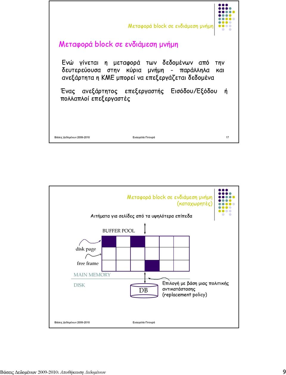 Πιτουρά 17 Μεταφορά block σε ενδιάμεση μνήμη (καταχωρητές) Αιτήματα για σελίδες από τα υψηλότερα επίπεδα BUFFER POOL disk page free frame MAIN MEMORY DISK DB