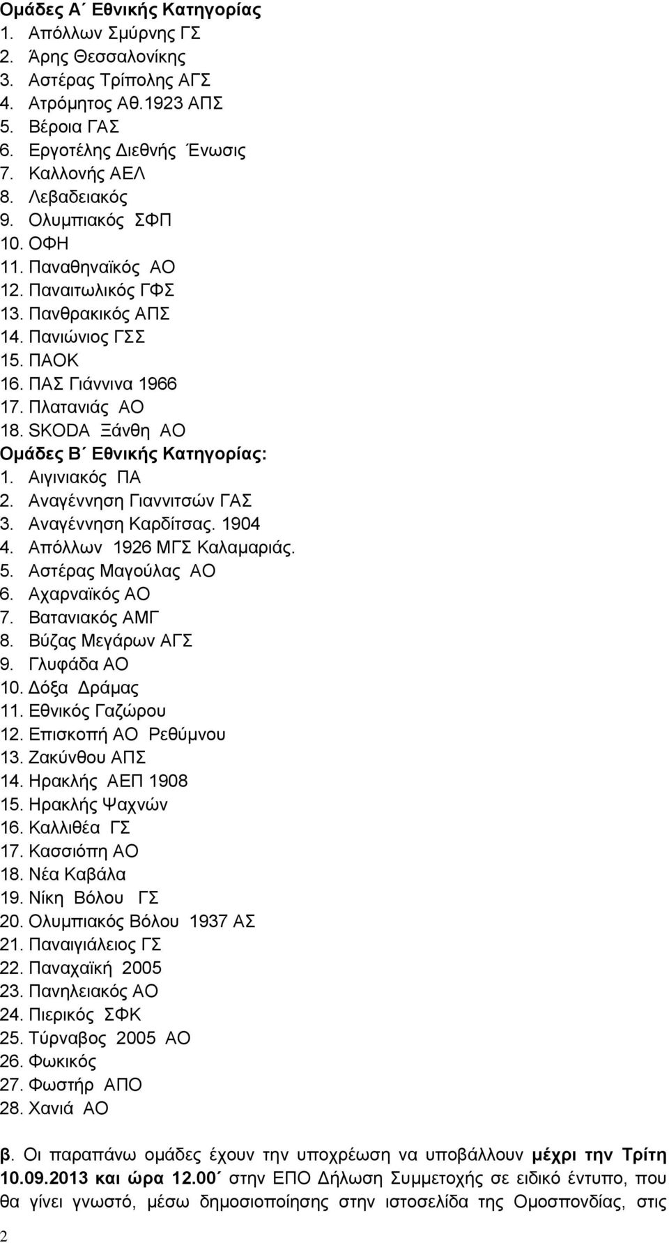Αιγινιακός ΠΑ 2. Αναγέννηση Γιαννιτσών ΓΑΣ 3. Αναγέννηση Καρδίτσας. 1904 4. Απόλλων 1926 ΜΓΣ Καλαμαριάς. 5. Αστέρας Μαγούλας ΑΟ 6. Αχαρναϊκός ΑΟ 7. Βατανιακός ΑΜΓ 8. Βύζας Μεγάρων ΑΓΣ 9.