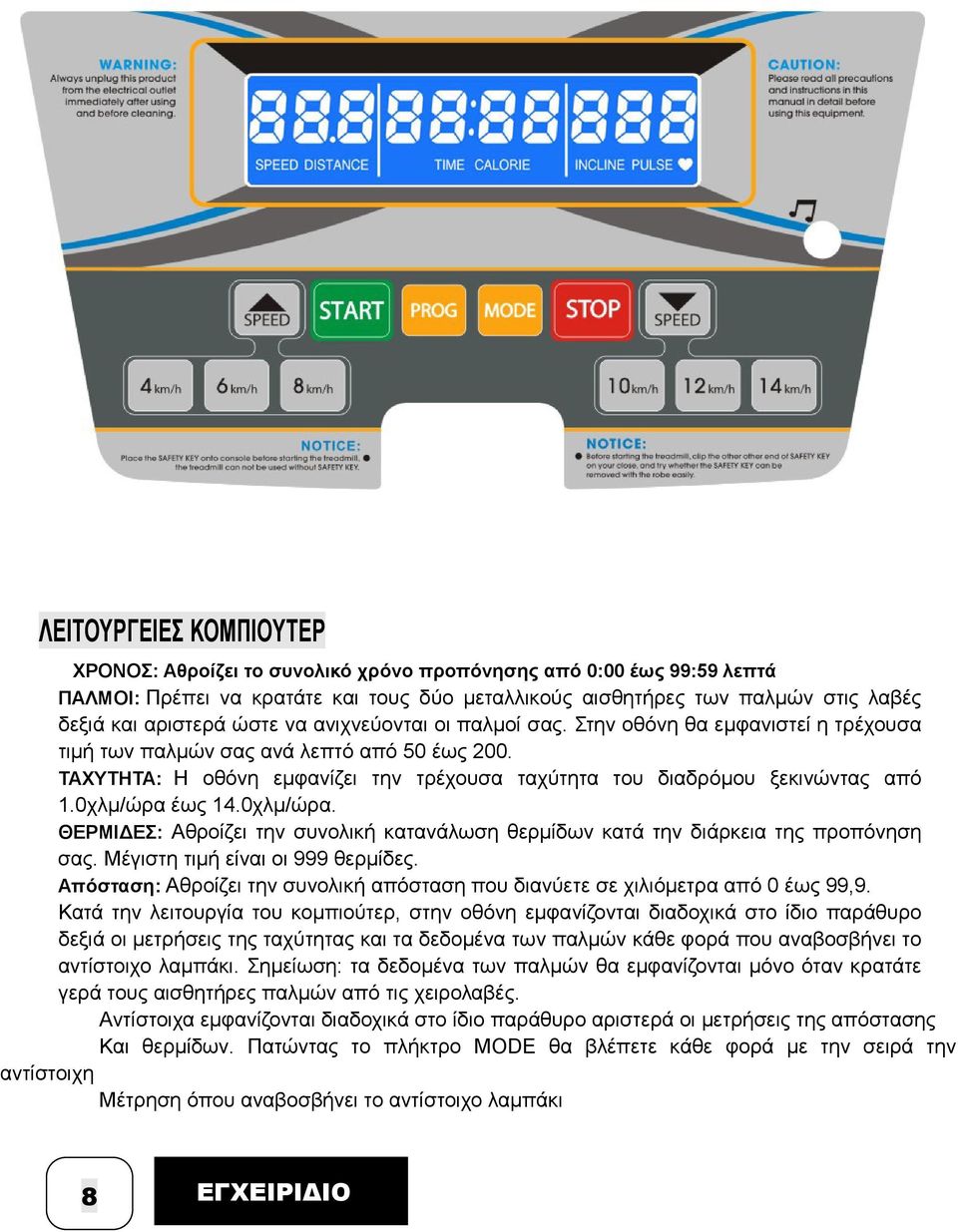 0χλµ/ώρα έως 14.0χλµ/ώρα. ΘΕΡΜΙ ΕΣ: Αθροίζει την συνολική κατανάλωση θερµίδων κατά την διάρκεια της προπόνηση σας. Μέγιστη τιµή είναι οι 999 θερµίδες.