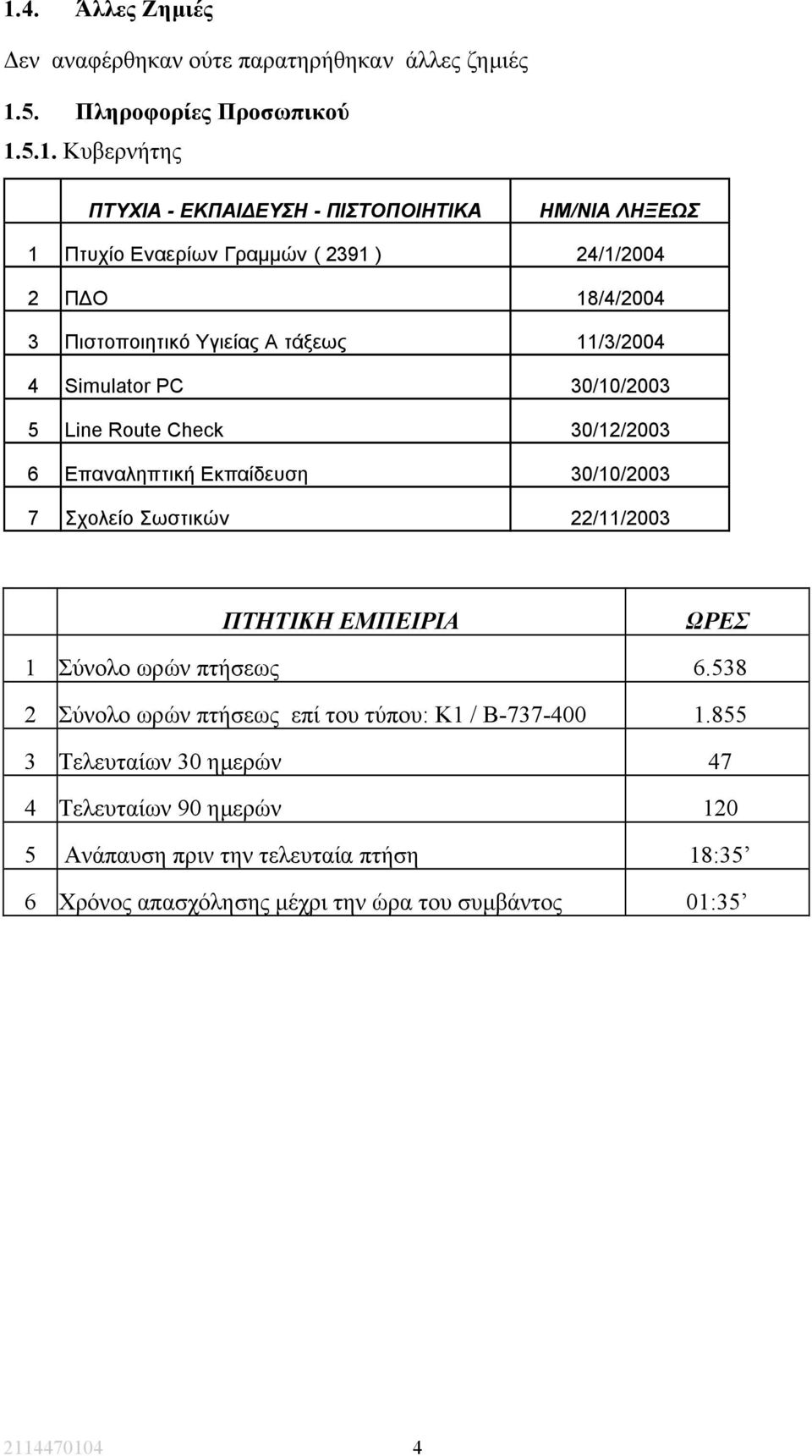 Επαναληπτική Εκπαίδευση 30/10/2003 7 Σχολείο Σωστικών 22/11/2003 ΠΤΗΤΙΚΗ ΕΜΠΕΙΡΙΑ ΩΡΕΣ 1 Σύνολο ωρών πτήσεως 6.
