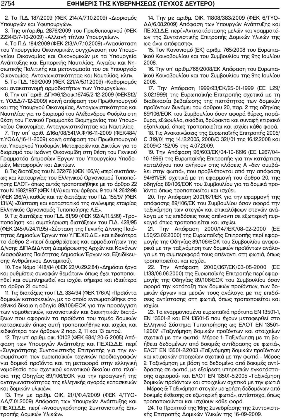 2009) «Αλλαγή τίτλου Υπουργείων». 4. Το Π.Δ. 184/2009 (ΦΕΚ 213/Α/7.10.