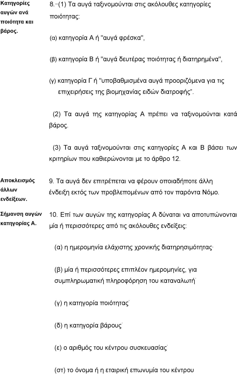 προοριζόµενα για τις επιχειρήσεις της βιοµηχανίας ειδών διατροφής. (2) Τα αυγά της κατηγορίας Α πρέπει να ταξινοµούνται κατά βάρος.