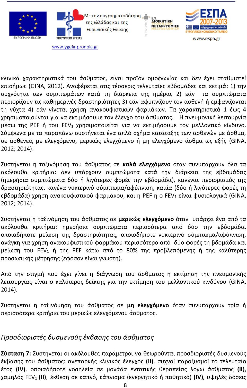 αφυπνίζουν τον ασθενή ή εμφανίζονται τη νύχτα 4) εάν γίνεται χρήση ανακουφιστικών φαρμάκων. Τα χαρακτηριστικά 1 έως 4 χρησιμοποιούνται για να εκτιμήσουμε τον έλεγχο του άσθματος.