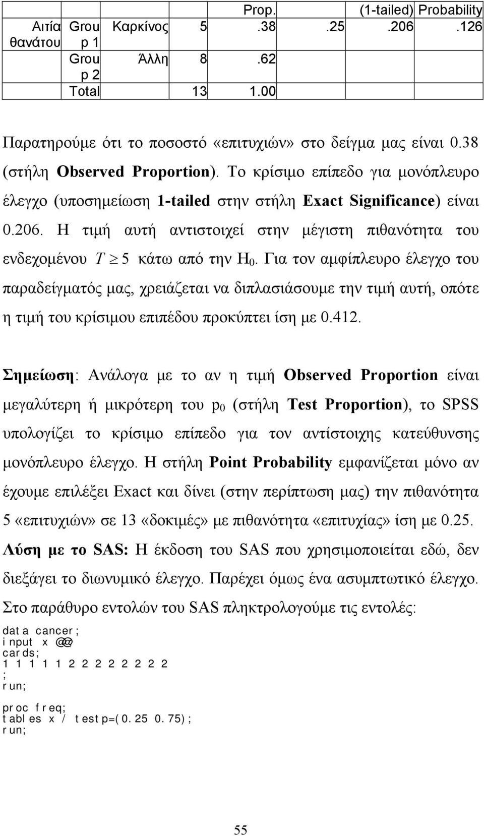 Για τον αμφίπλευρο έλεγχο του παραδείγματός μας, χρειάζεται να διπλασιάσουμε την τιμή αυτή, οπότε η τιμή του κρίσιμου επιπέδου προκύπτει ίση με 0.412.