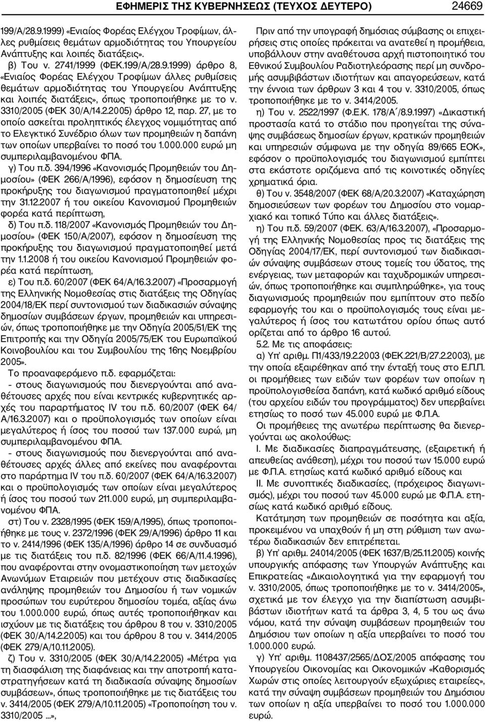 3310/2005 (ΦΕΚ 30/Α/14.2.2005) άρθρο 12, παρ. 27, με το οποίο ασκείται προληπτικός έλεγχος νομιμότητας από το Ελεγκτικό Συνέδριο όλων των προμηθειών η δαπάνη των οποίων υπερβαίνει το ποσό του 1.000.