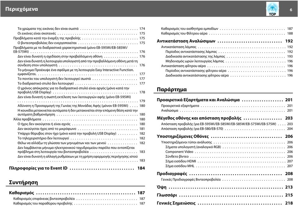 .. 176 Δεν είναι δυνατή η λειτουργία υπολογιστή από την προβαλλόμενη οθόνη μετά τη σύνδεση στον υπολογιστή... 176 Το μήνυμα Προέκυψε ένα σφάλμα με τη λειτουργία Esy Interctive Function. εμφανίζεται.