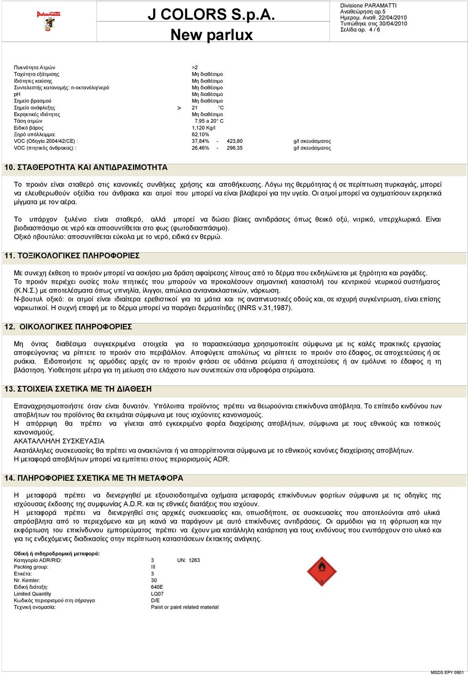 1,120 Kg/l Ξηρό υπόλλειμμα: 62,10% VOC (Οδηγία 2004/42/CE) : 37,84% - 423,80 g/l σκευάσματος VOC (πτητικός άνθρακας) : 26,46% - 296,35 g/l σκευάσματος 10.