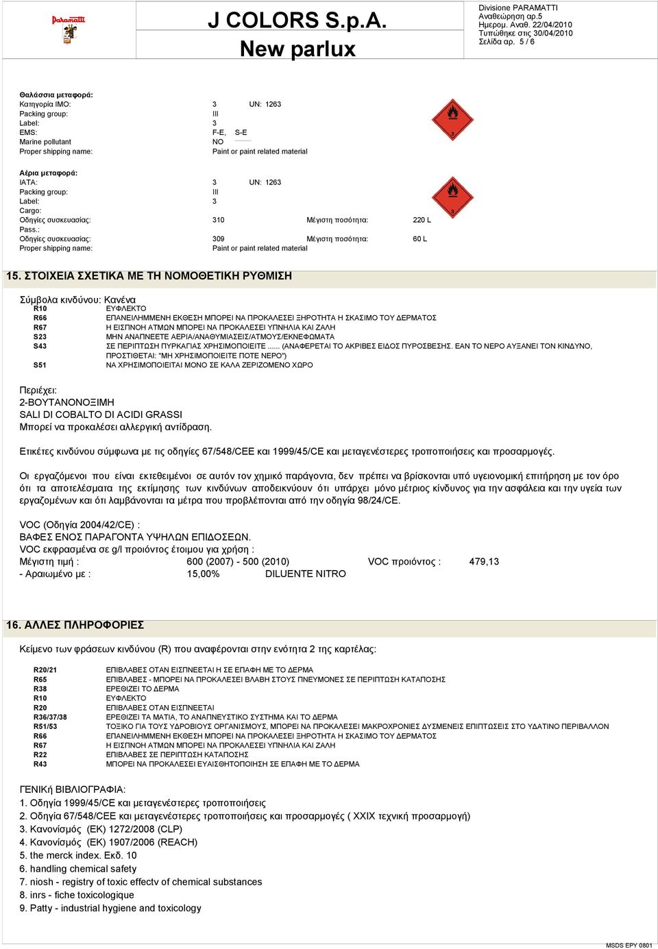 Packing group: III Label: 3 Cargo: Οδηγίες συσκευασίας: 310 Μέγιστη ποσότητα: 220 L Pass.: Οδηγίες συσκευασίας: 309 Μέγιστη ποσότητα: 60 L Proper shipping name: Paint or paint related material 15.