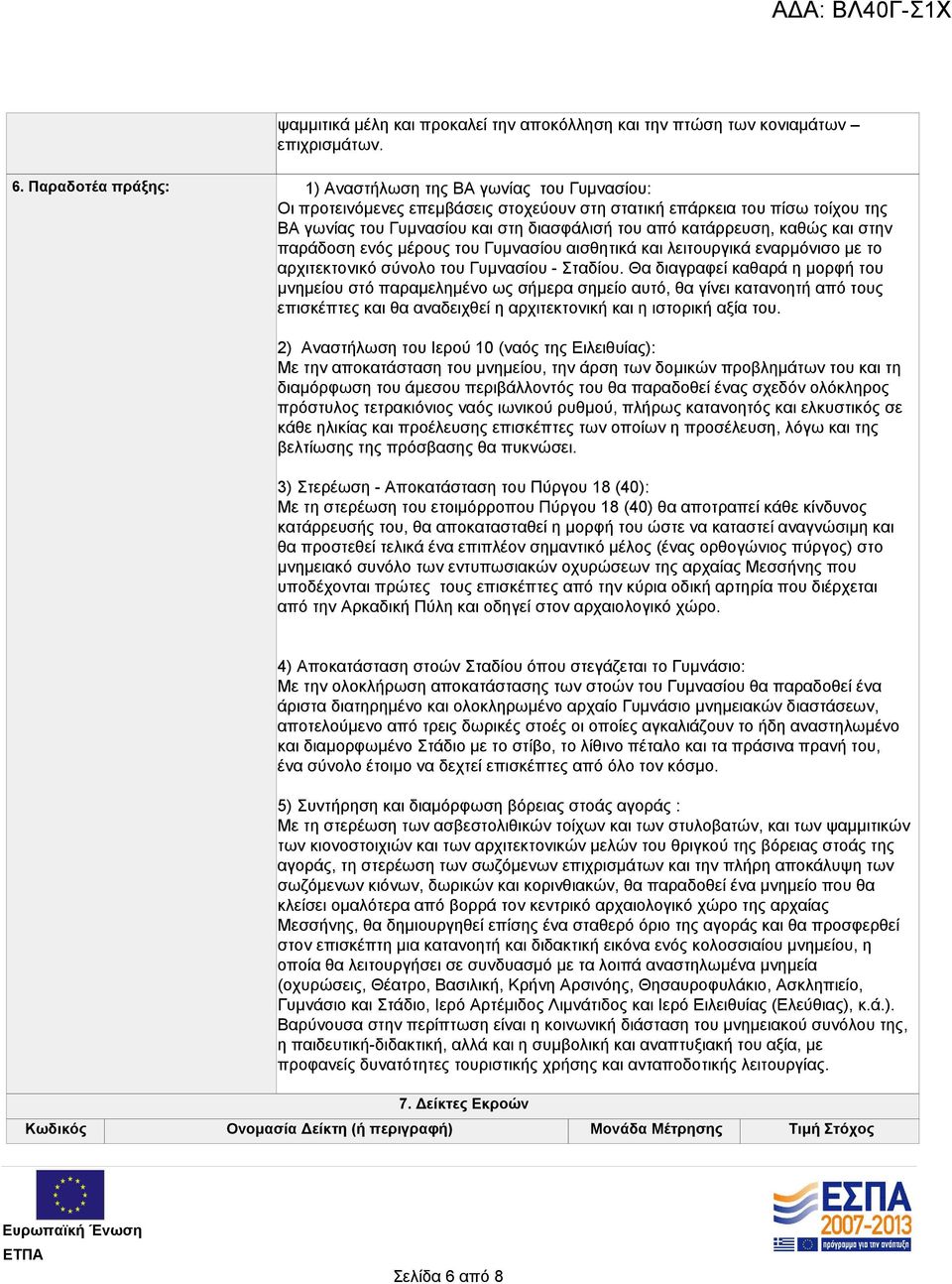 κατάρρευση, καθώς και στην παράδοση ενός μέρους του Γυμνασίου αισθητικά και λειτουργικά εναρμόνισο με το αρχιτεκτονικό σύνολο του Γυμνασίου - Σταδίου.