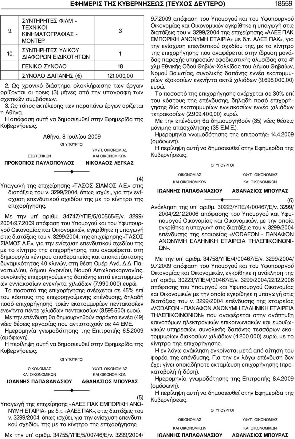 Αθήνα, 8 Ιουλίου 2009 ΕΣΩΤΕΡΙΚΩΝ ΠΡΟΚΟΠΙΟΣ ΠΑΥΛΟΠΟΥΛΟΣ ΝΙΚΟΛΑΟΣ ΛΕΓΚΑΣ (4) Υπαγωγή της επιχείρησης «ΤΑΣΟΣ ΣΙΑΜΟΣ Α.Ε.» στις διατάξεις του ν.