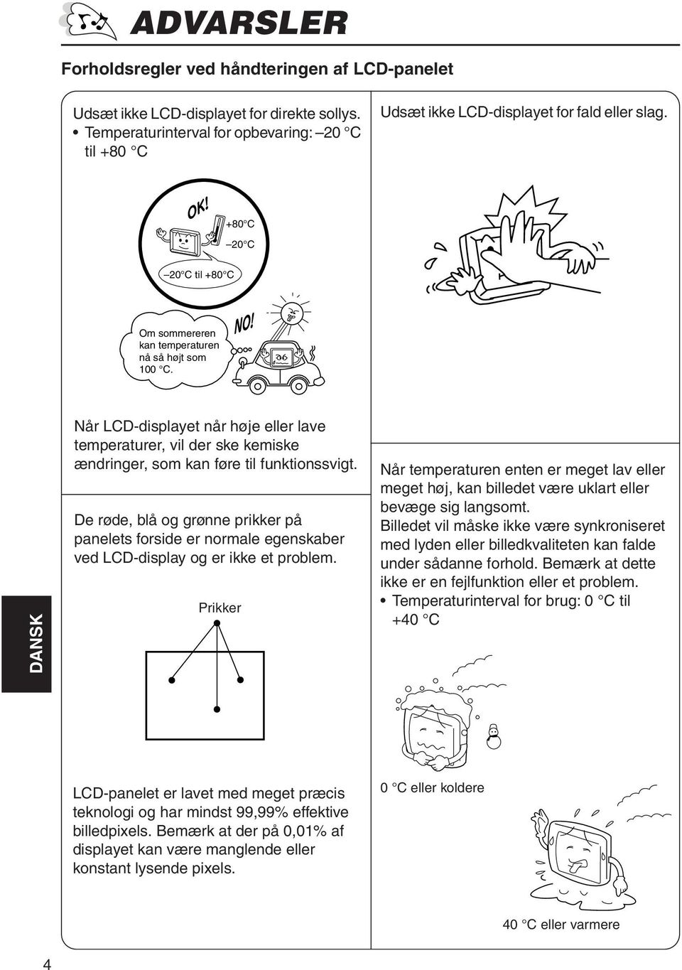 De røde, blå og grønne prikker på panelets forside er normale egenskaber ved LCD-display og er ikke et problem.