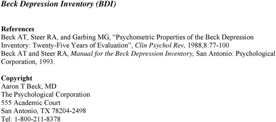 Steer RA, Manual for the Beck Depression Inventory, San Antonio: Psychological Corporation, 1993.