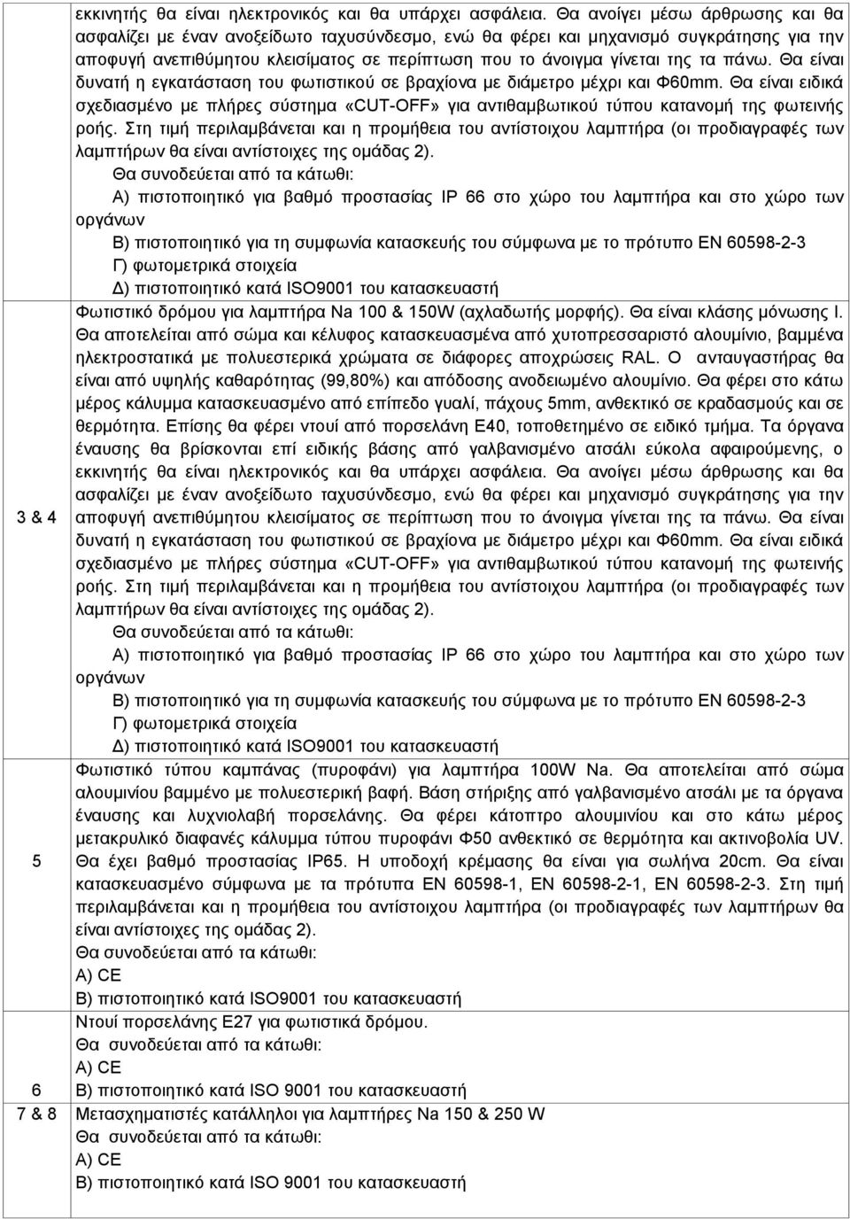 πάνω. Θα είναι δυνατή η εγκατάσταση του φωτιστικού σε βραχίονα με διάμετρο μέχρι και Φ60mm. Θα είναι ειδικά σχεδιασμένο με πλήρες σύστημα «CUT-OFF» για αντιθαμβωτικού τύπου κατανομή της φωτεινής ροής.