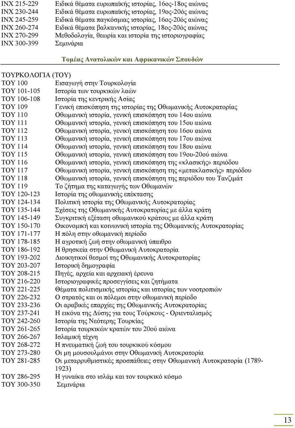 ΤΟYΡΚΟΛΟΓΙΑ (ΤΟΥ) ΤΟY 100 Εισαγωγή στην Τουρκολογία ΤΟY 101-105 Ιστορία των τουρκικών λαών ΤΟY 106-108 Ιστορία της κεντρικής Ασίας ΤΟY 109 Γενική επισκόπηση της ιστορίας της Οθωµανικής Αυτοκρατορίας