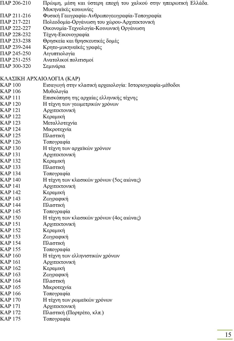 δοµές Κρητο-µυκηναϊκές γραφές Αιγυπτιολογία Ανατολικοί πολιτισµοί Σεµινάρια ΚΛΑΣΙΚΗ ΑΡΧΑΙΟΛΟΓΙΑ (ΚΑΡ) ΚΑΡ 100 Εισαγωγή στην κλασική αρχαιολογία: Ιστοριογραφία-µέθοδοι ΚΑΡ 106 Μυθολογία ΚΑΡ 111