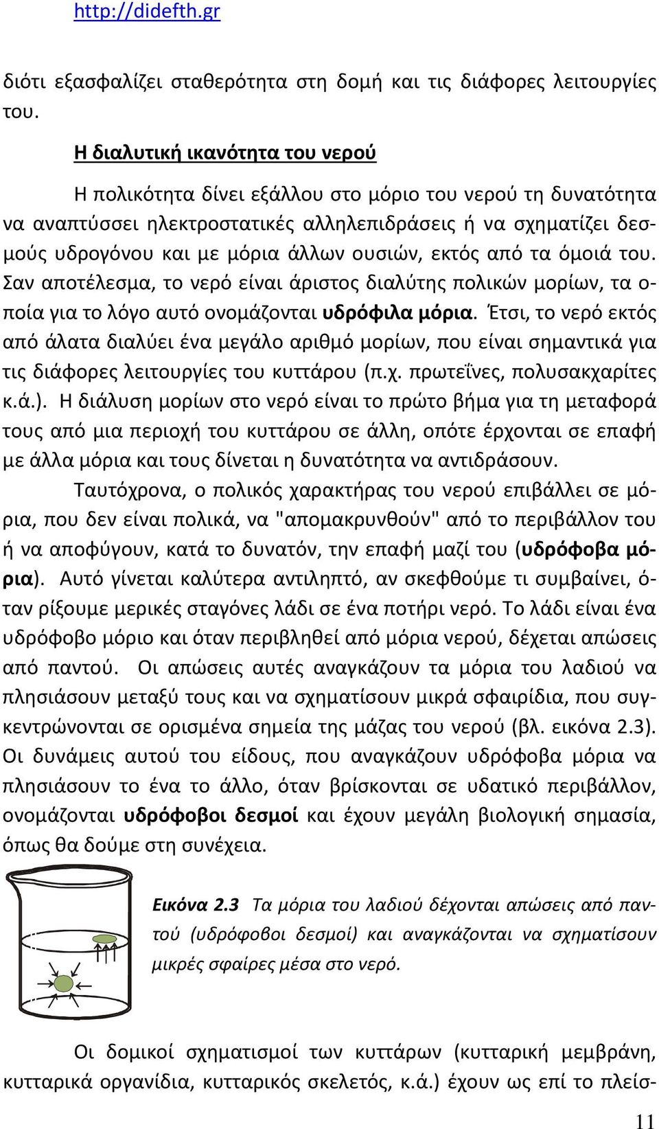 εκτός από τα όμοιά του. Σαν αποτέλεσμα, το νερό είναι άριστος διαλύτης πολικών μορίων, τα ο- ποία για το λόγο αυτό ονομάζονται υδρόφιλα μόρια.