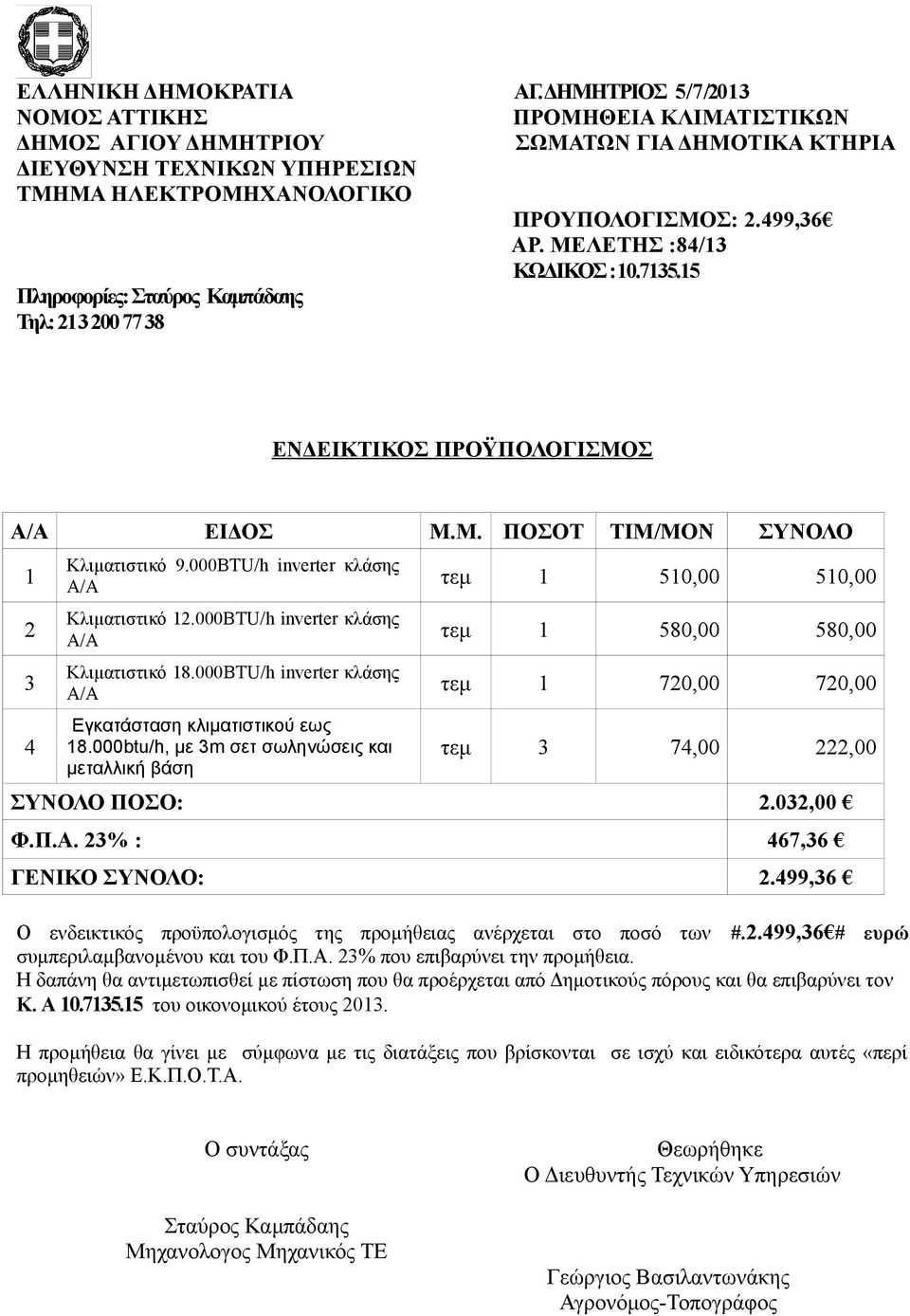 213 200 77 38 ΠΡΟΥΠΟΛΟΓΙΣΜΟΣ: 2.499,36 ΑΡ. ΜΕΛΕΤΗΣ :84/13 ΚΩΔΙΚΟΣ :10.7135.15 ΕΝΔΕΙΚΤΙΚΟΣ ΠΡΟΫΠΟΛΟΓΙΣΜΟΣ Α/Α ΕΙΔΟΣ Μ.Μ. ΠΟΣΟΤ ΤΙΜ/ΜΟΝ ΣΥΝΟΛΟ 1 2 3 4 Κλιματιστικό 9.