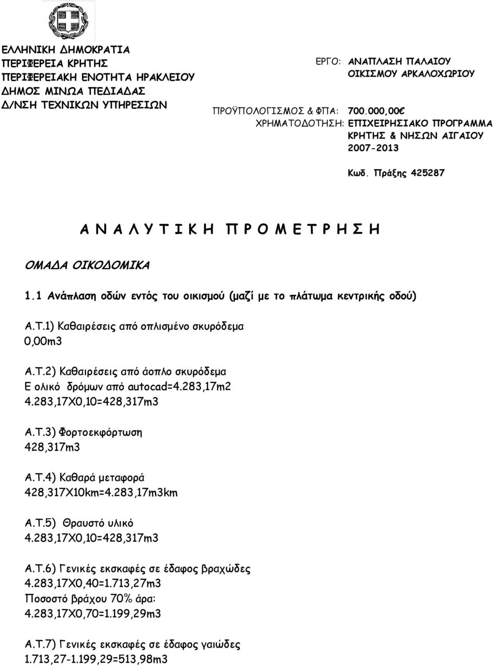 1 Ανάπλαση οδών εντός του οικισµού (µαζί µε το πλάτωµα κεντρικής οδού) Α.Τ.1) Καθαιρέσεις από οπλισµένο σκυρόδεµα Α.Τ.2) Καθαιρέσεις από άοπλο σκυρόδεµα Ε ολικό δρόµων από autocad=4.283,17m2 4.