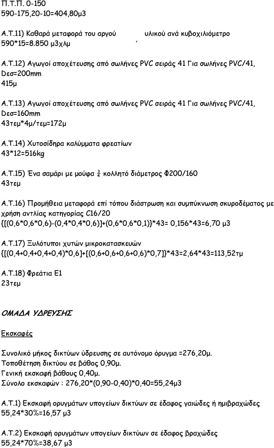 Τ.16) Προµήθεια µεταφορά επί τόπου διάστρωση και συµπύκνωση σκυροδέµατος µε χρήση αντλίας κατηγορίας C16/20 {[(0,6*0,6*0,6)-(0,4*0,4*0,6)]+(0,6*0,6*0,1)}*43= 0,156*43=6,70 µ3 Α.Τ.17) Ξυλότυποι χυτών µικροκατασκευών {[(0,4+0,4+0,4+0,4)*0,6]+[(0,6+0,6+0,6+0,6)*0,7]}*43=2,64*43=113,52τµ Α.