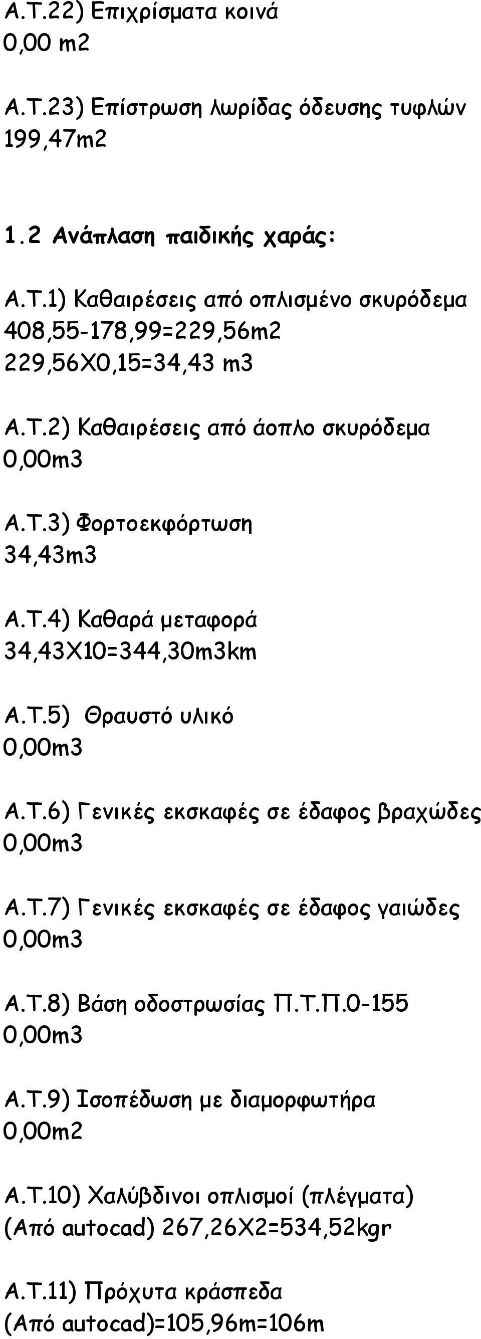 T.7) Γενικές εκσκαφές σε έδαφος γαιώδες Α.Τ.8) Βάση οδοστρωσίας Π.Τ.Π.0-155 Α.Τ.9) Ισοπέδωση µε διαµορφωτήρα 0,00m2 A.T.10) Χαλύβδινοι οπλισµοί (πλέγµατα) (Από autocad) 267,26Χ2=534,52kgr Α.