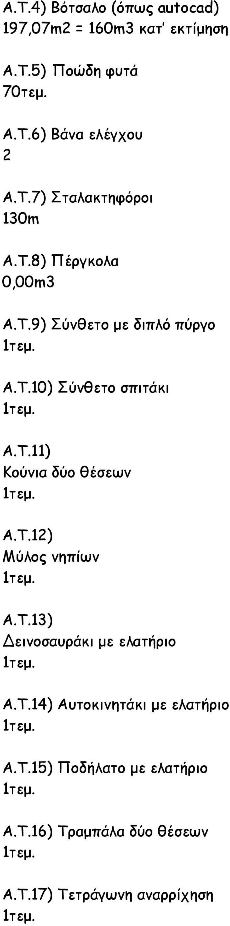 Τ.12) Μύλος νηπίων Α.Τ.13) εινοσαυράκι µε ελατήριο Α.Τ.14) Αυτοκινητάκι µε ελατήριο Α.Τ.15) Ποδήλατο µε ελατήριο Α.