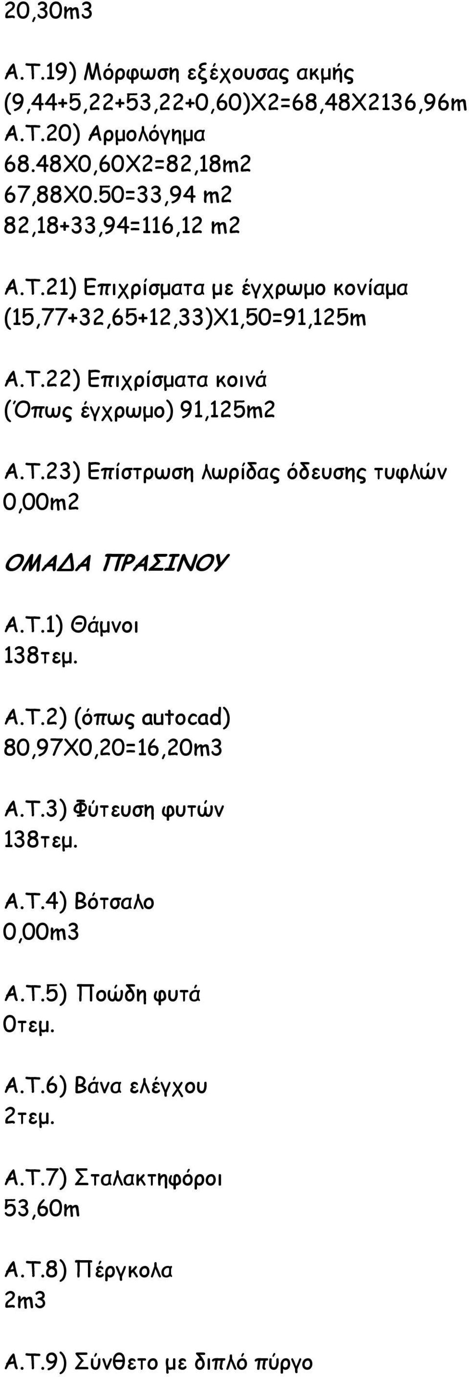 Τ.23) Επίστρωση λωρίδας όδευσης τυφλών 0,00m2 ΟΜΑ Α ΠΡΑΣΙΝΟΥ Α.Τ.1) Θάµνοι 138τεµ. Α.Τ.2) (όπως autocad) 80,97X0,20=16,20m3 Α.Τ.3) Φύτευση φυτών 138τεµ.