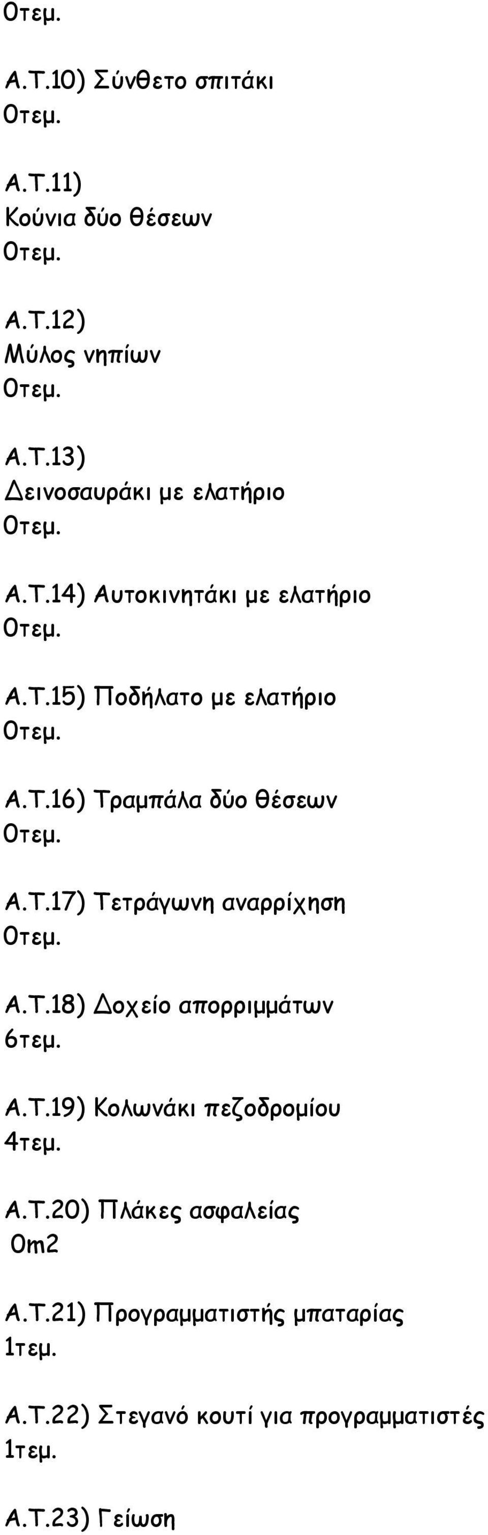 Τ.18) οχείο απορριµµάτων 6τεµ. Α.Τ.19) Κολωνάκι πεζοδροµίου 4τεµ. Α.Τ.20) Πλάκες ασφαλείας 0m2 A.T.