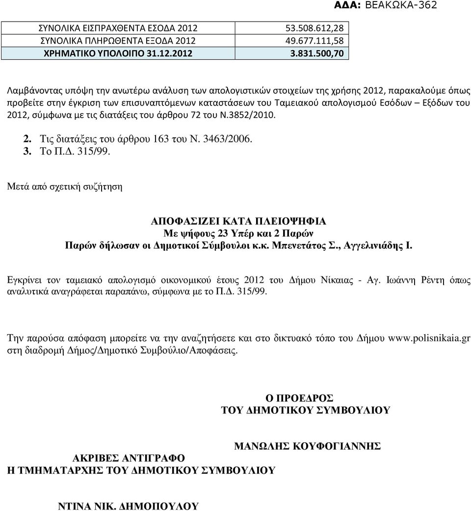 Εσόδων Εξόδων του 2012, σύμφωνα με τις διατάξεις του άρθρου 72 του Ν.3852/2010. 2. Τις διατάξεις του άρθρου 163 του Ν. 3463/2006. 3. Το Π.. 315/99.