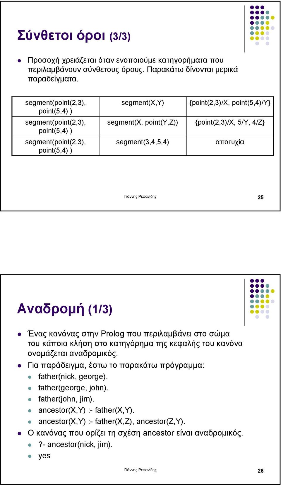 5/Y, 4/Z} αποτυχία Γιάννης Ρεφανίδης 25 Αναδροµή (1/3) Ένας κανόνας στην Prolog που περιλαµβάνει στο σώµα του κάποια κλήση στο κατηγόρηµα της κεφαλής του κανόνα ονοµάζεται αναδροµικός.