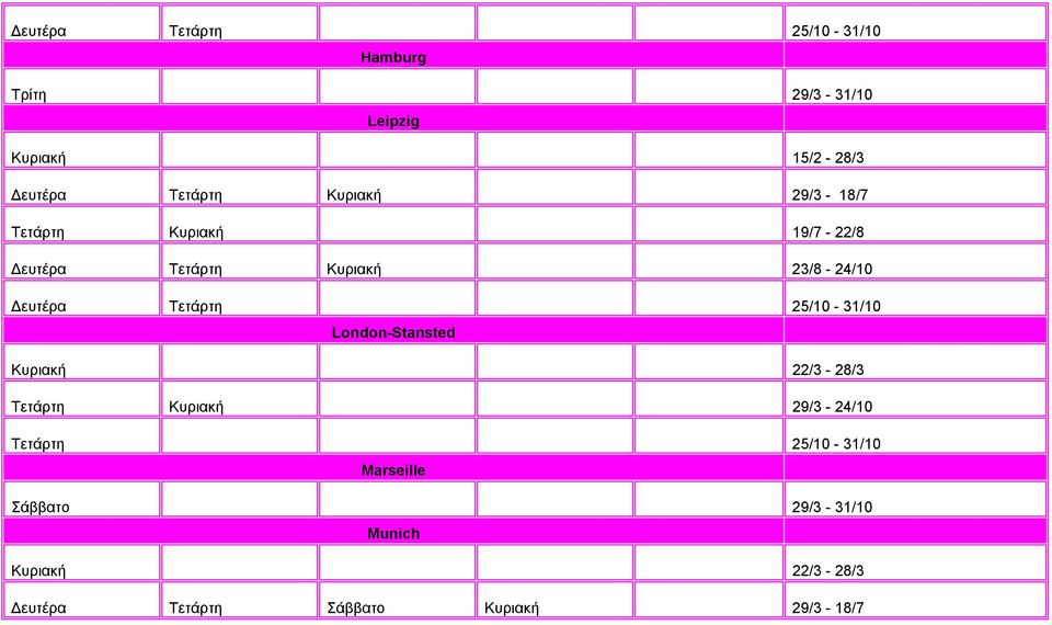 23/8-24/10 Δευτέρα Τετάρτη 25/10-31/10 London-Stansted Τετάρτη Κυριακή 29/3-24/10