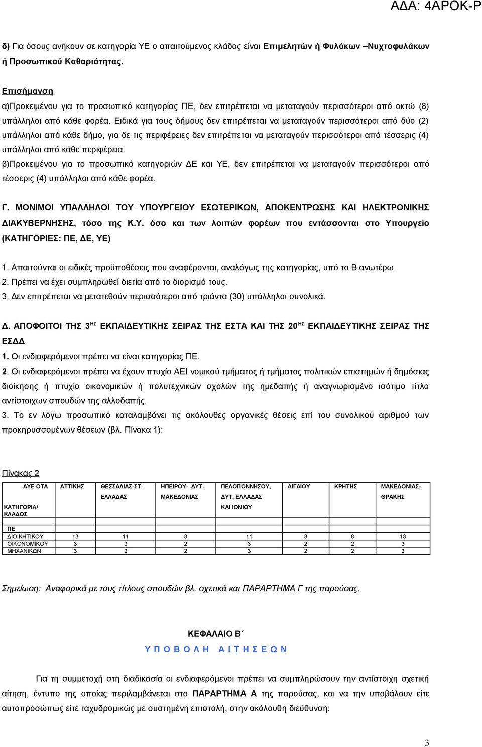 επιτρέπεται να μεταταγούν περισσότεροι από τέσσερις (4) υπάλληλοι από κάθε περιφέρεια β)προκειμένου για το προσωπικό κατηγοριών ΔΕ και ΥΕ, δεν επιτρέπεται να μεταταγούν περισσότεροι από τέσσερις (4)